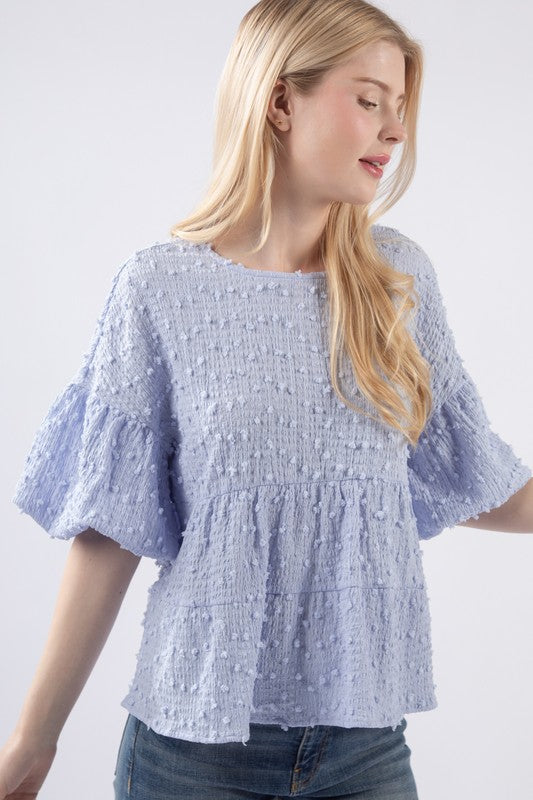 Crinkle Pom Pom Knit Puff Sleeve Babydoll Top
