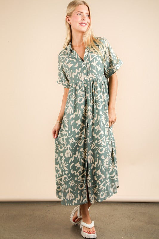 Oversized Printed Shirt Midi Dress