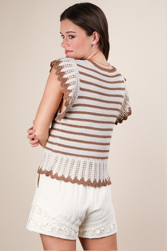 Ruffle Detail Striped Knit Sweater Top