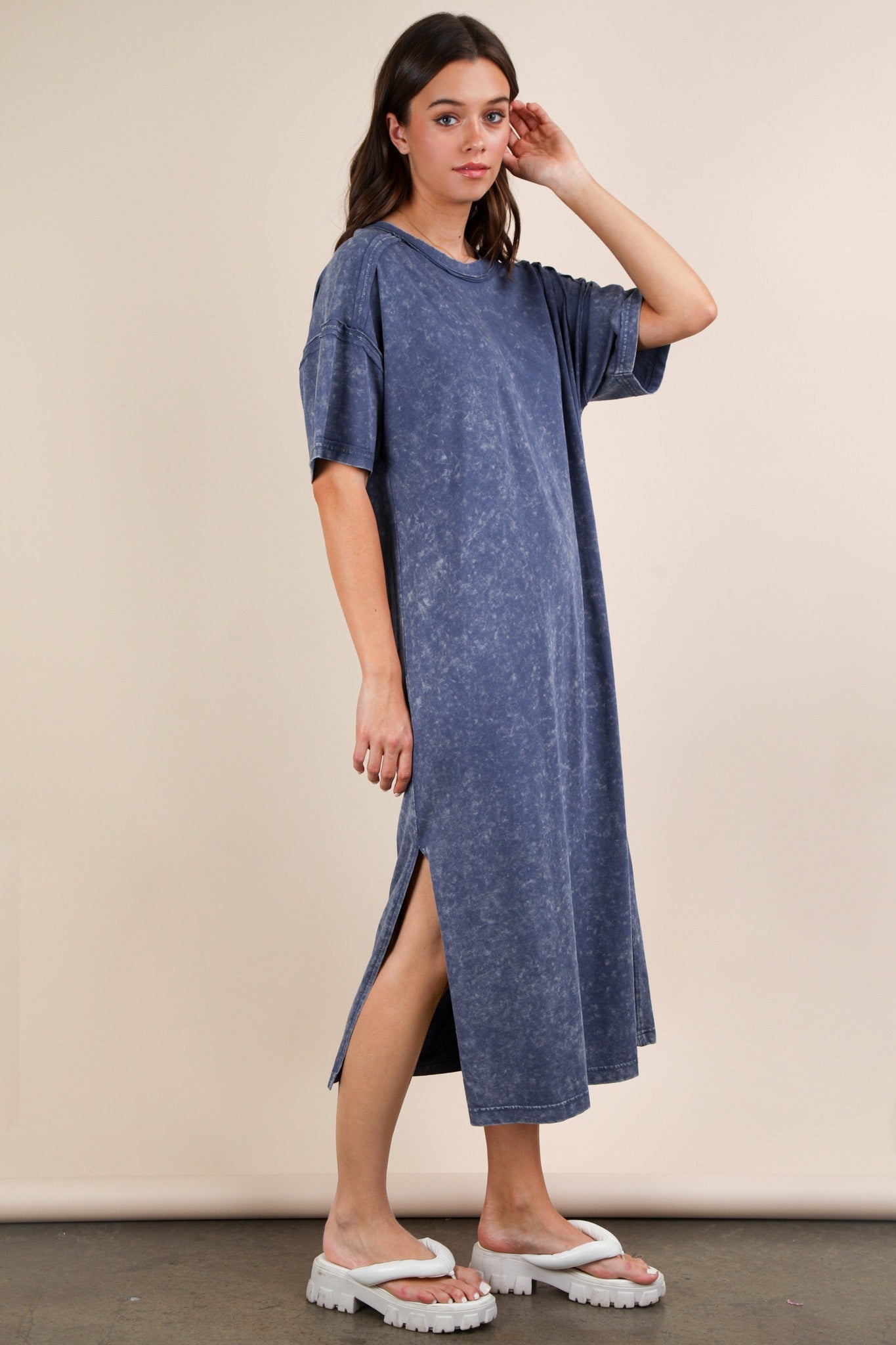 Mineral Washed Casual Comfy Midi Dress | Oversized