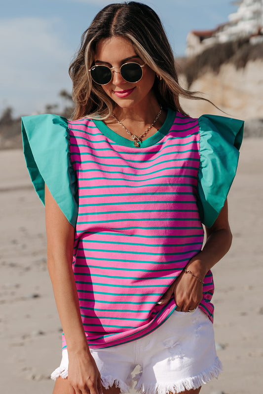Adrianna Stripe Ruffled Sleeve Crew Neck Blouse-0