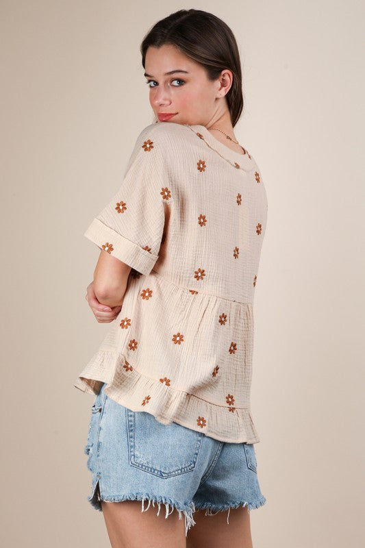 Flower Embroidered Woven Blouse Top | Natural Color
