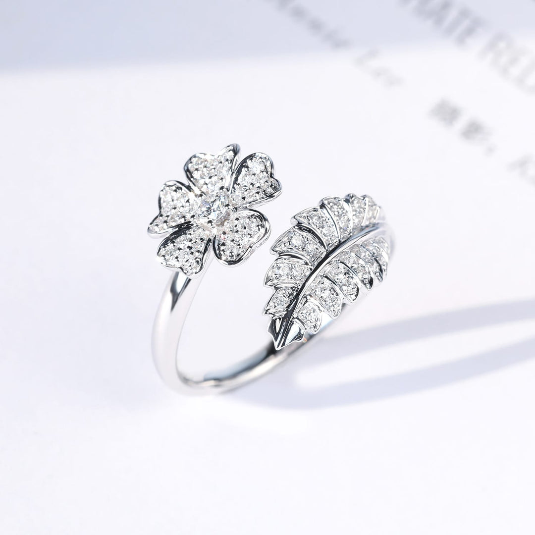 FLOWER &amp; LEAF ZIRCONIA RING - (ADJUSTABLE)