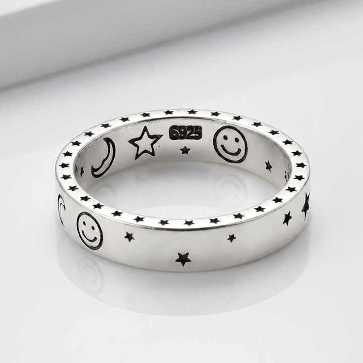 HAPPY MOON &amp; STARS SILVER BAND RING - (ADJUSTABLE)