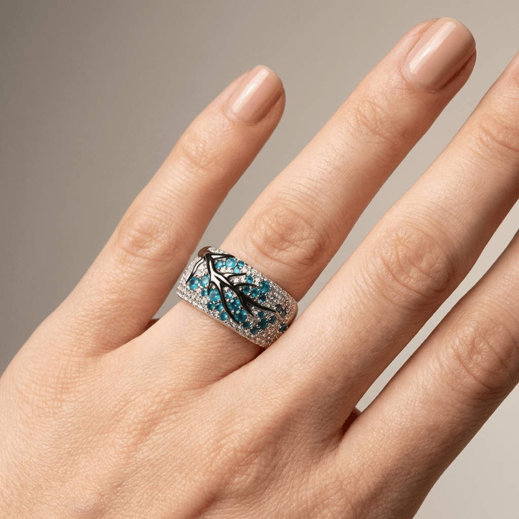 SILVER BLUE TOPAZ LEAF RING