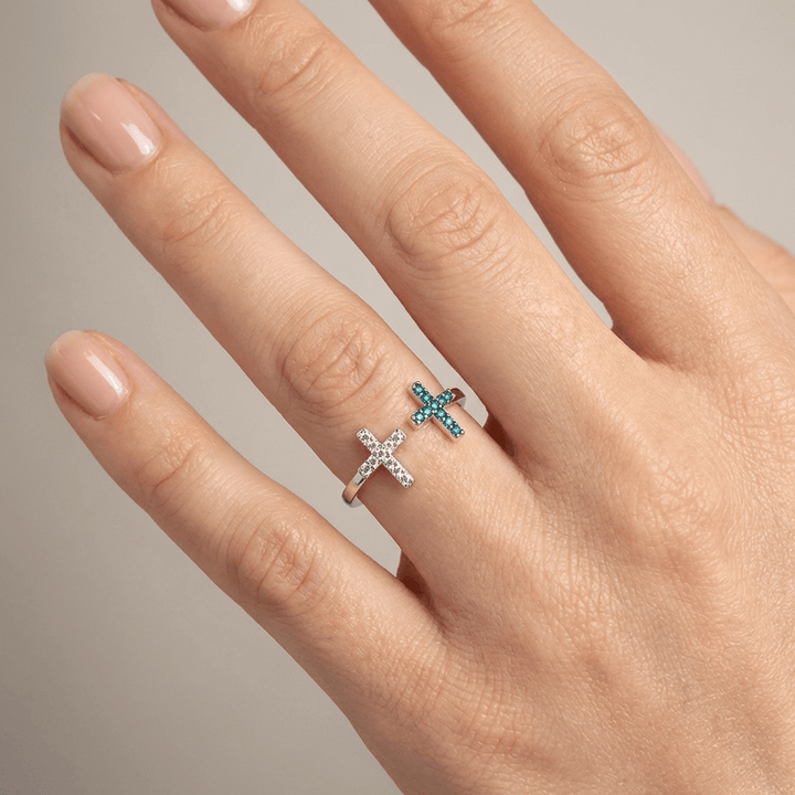 DOUBLE CROSS TURQUOISE &amp; SILVER RING - (ADJUSTABLE)
