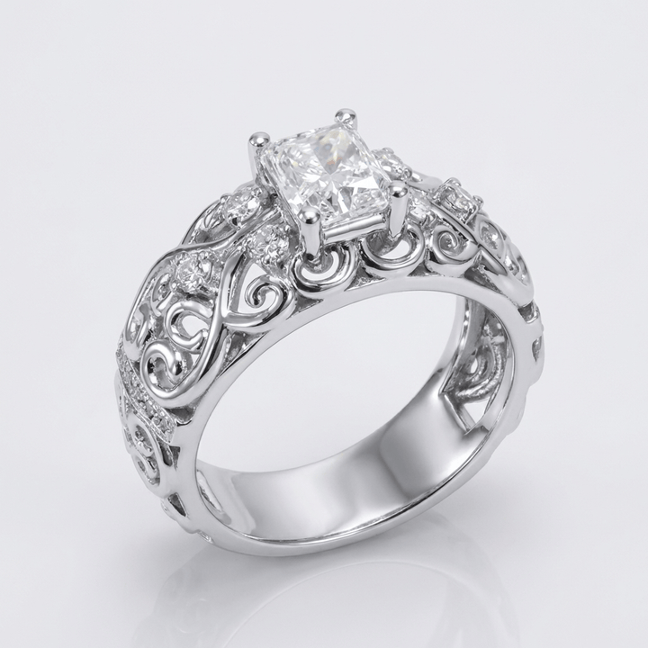 SILVER CUSHION DIAMOND CARVED RING