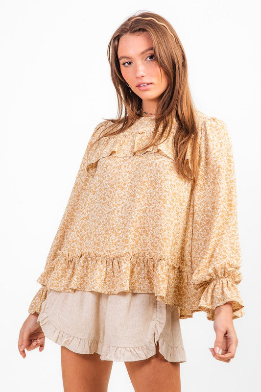 Long Sleeve Floral Print Ruffle Blouse
