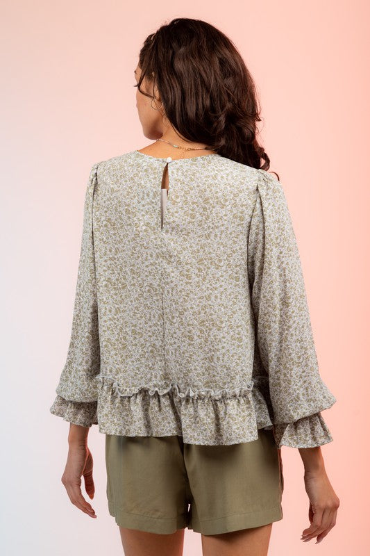 Long Sleeve Floral Print Ruffle Blouse