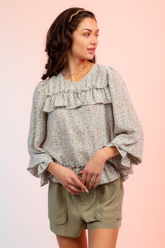 Long Sleeve Floral Print Ruffle Blouse