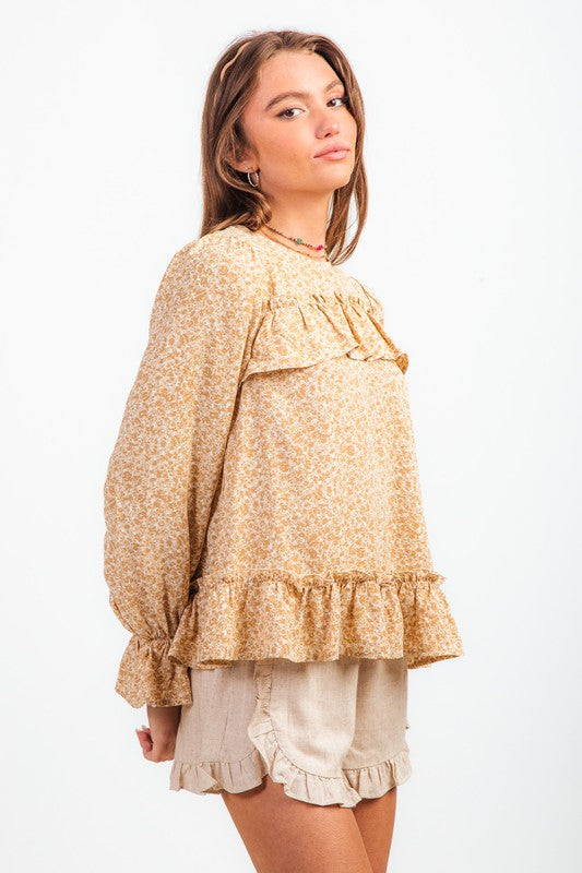Long Sleeve Floral Print Ruffle Blouse