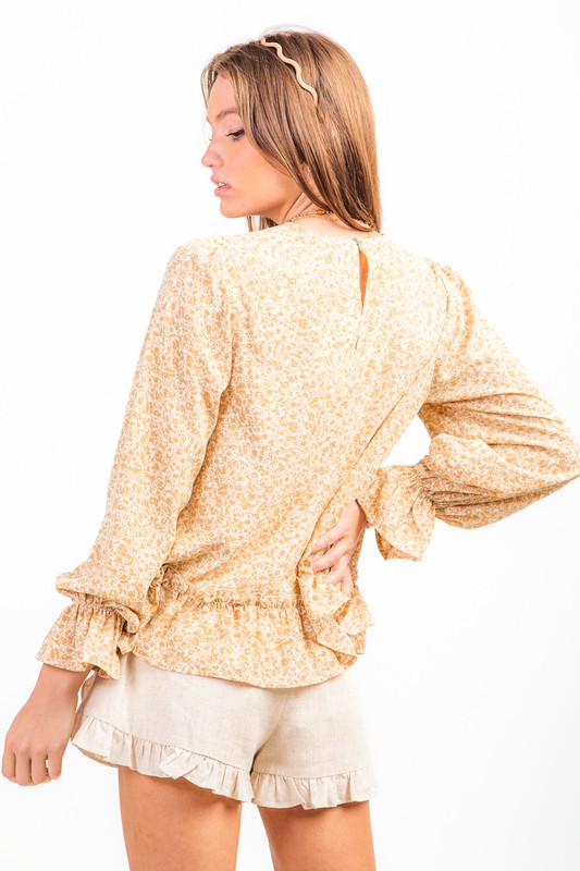 Long Sleeve Floral Print Ruffle Blouse