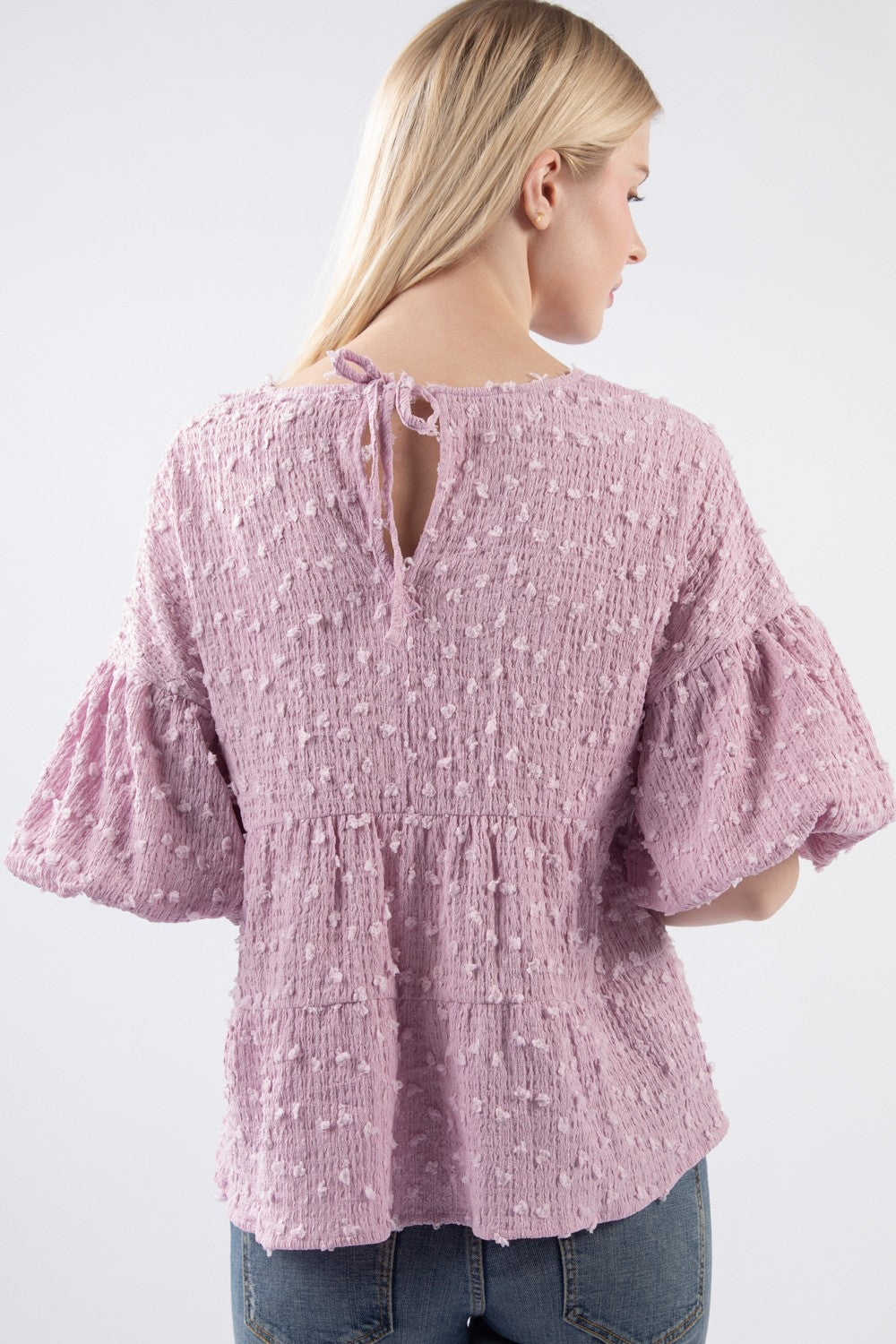 Crinkle Pom Pom Knit Puff Sleeve Babydoll Top