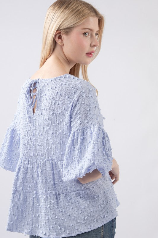 Crinkle Pom Pom Knit Puff Sleeve Babydoll Top