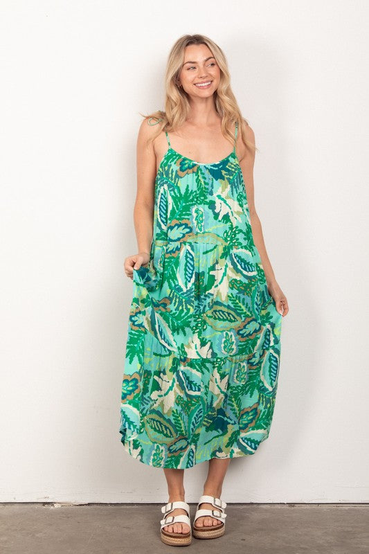 Plus Size Sleeveless Tropical Printed Midi Dress