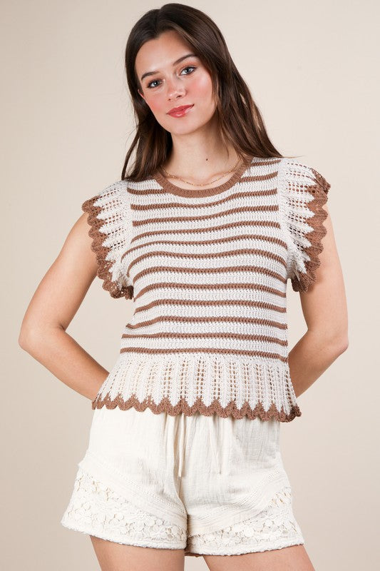 Ruffle Detail Striped Knit Sweater Top