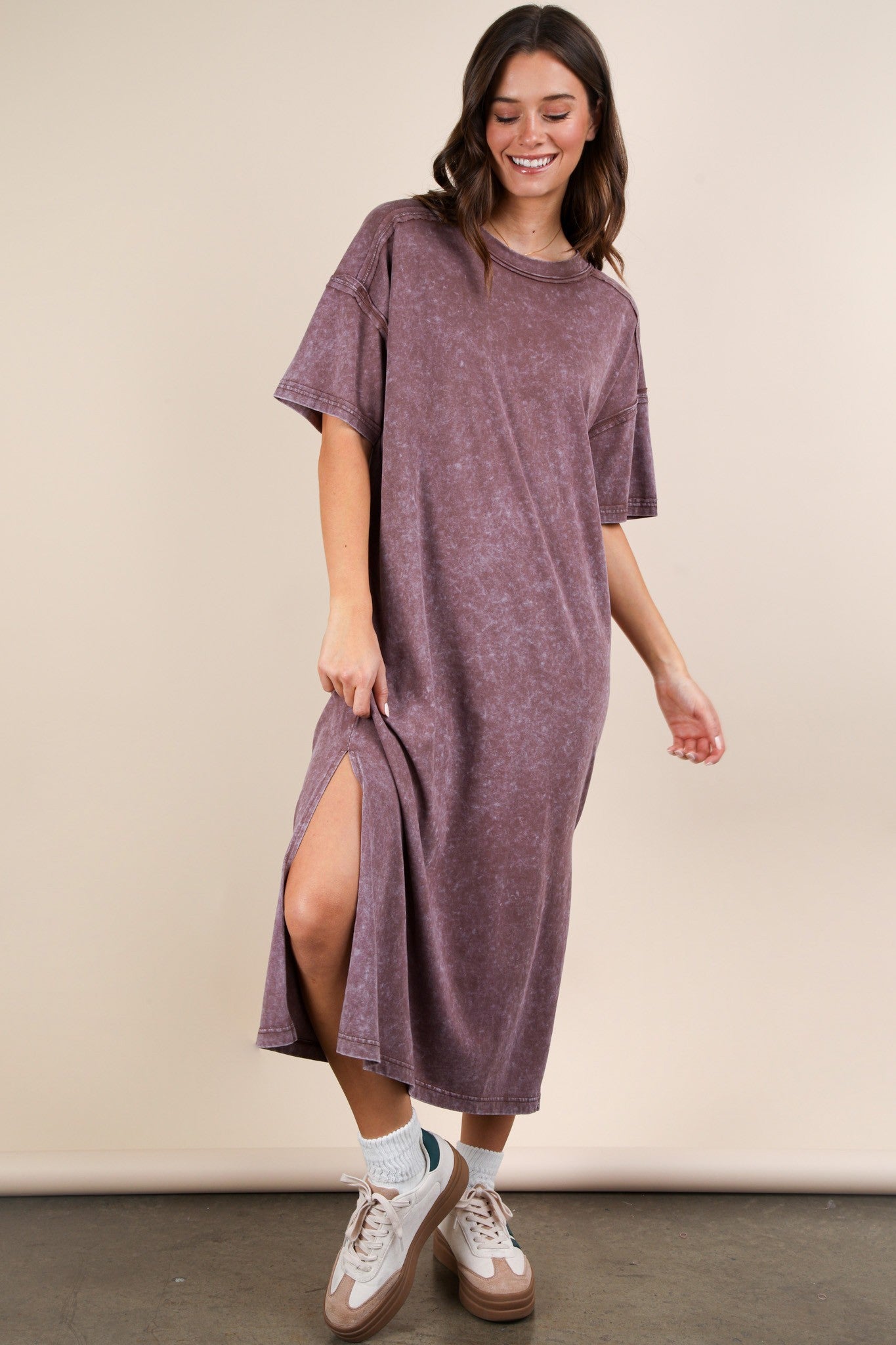 Mineral Washed Casual Comfy Midi Dress | Oversized