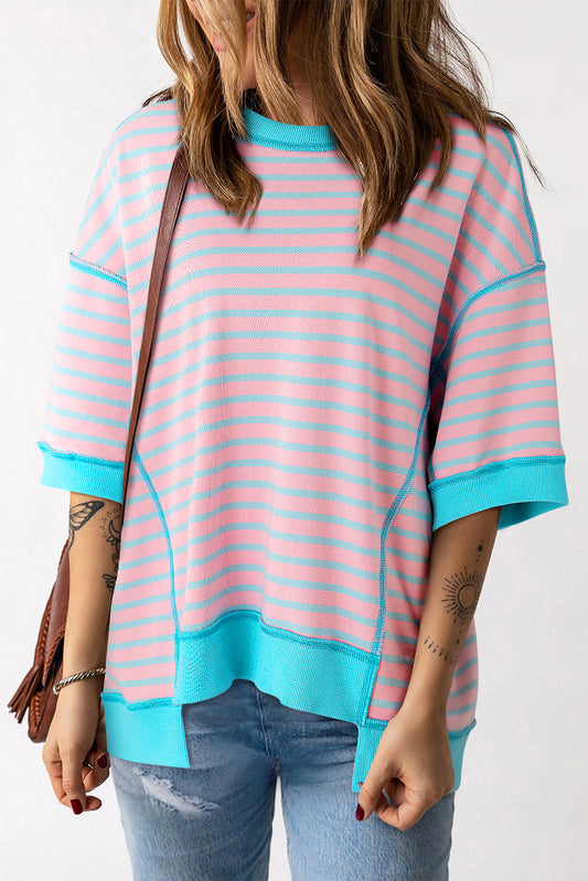 Adley Stripe Oversized Exposed Seam High Low Top-0