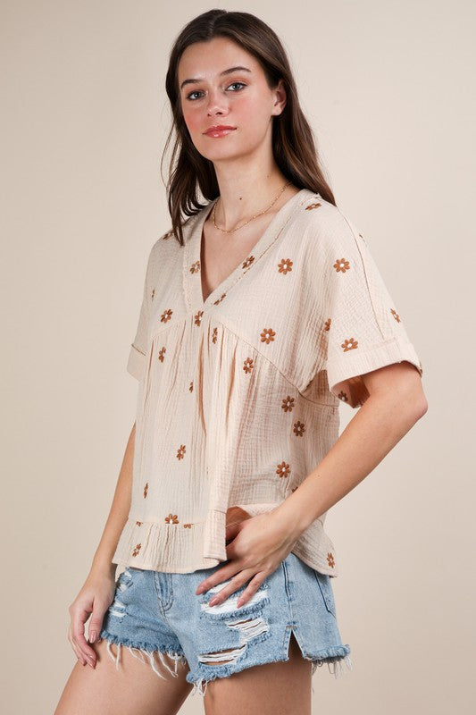Flower Embroidered Woven Blouse Top | Natural Color