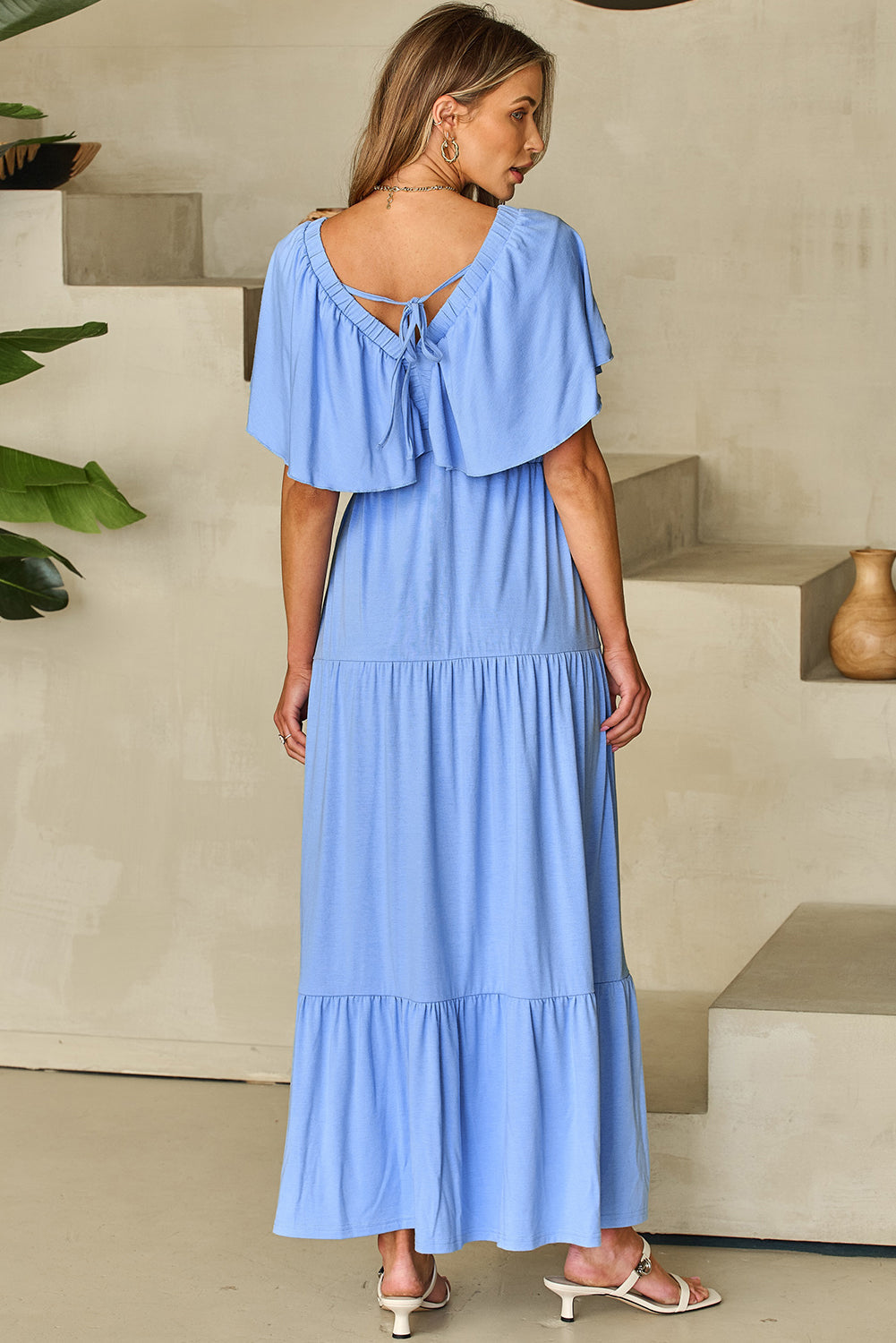 Kelsey Textured Flutter Sleeve Ruffled Maxi Dress-1
