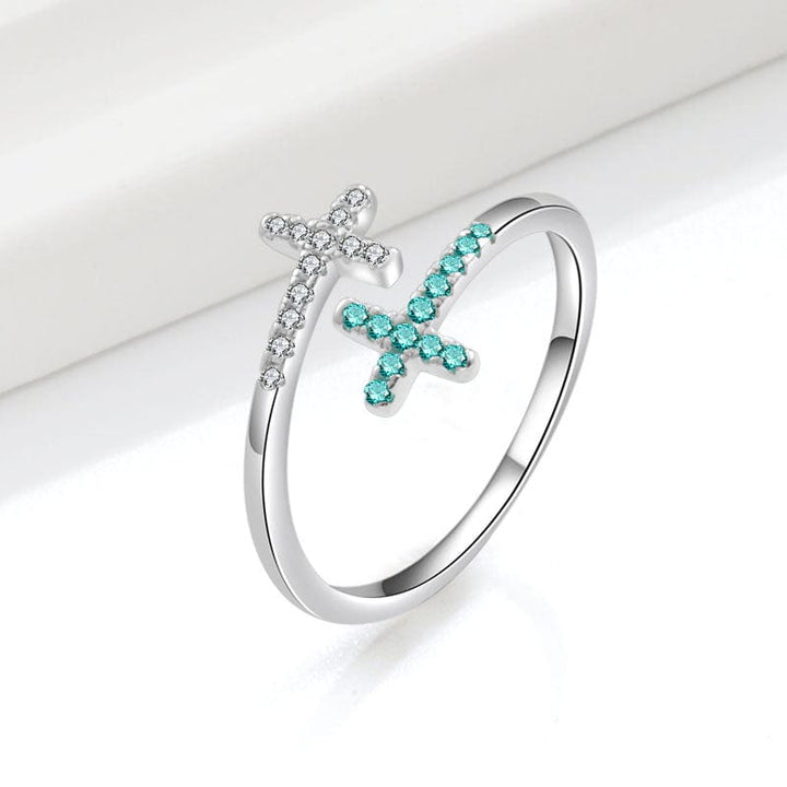 DOUBLE CROSS TURQUOISE &amp; SILVER RING - (ADJUSTABLE)