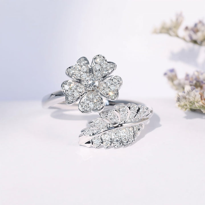 FLOWER &amp; LEAF ZIRCONIA RING - (ADJUSTABLE)