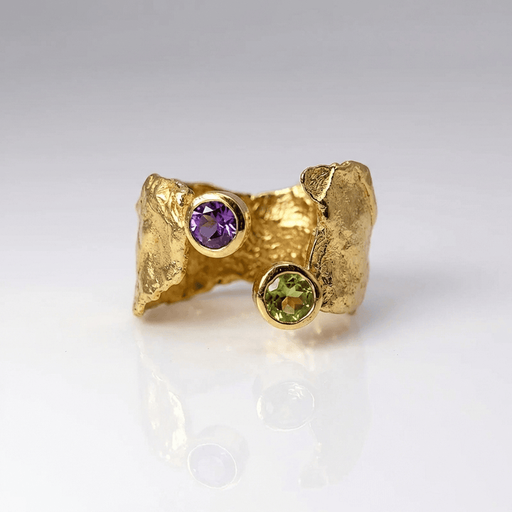 RUSTIC GOLD AMETHYST &amp; PERIDOT RING - (ADJUSTABLE)