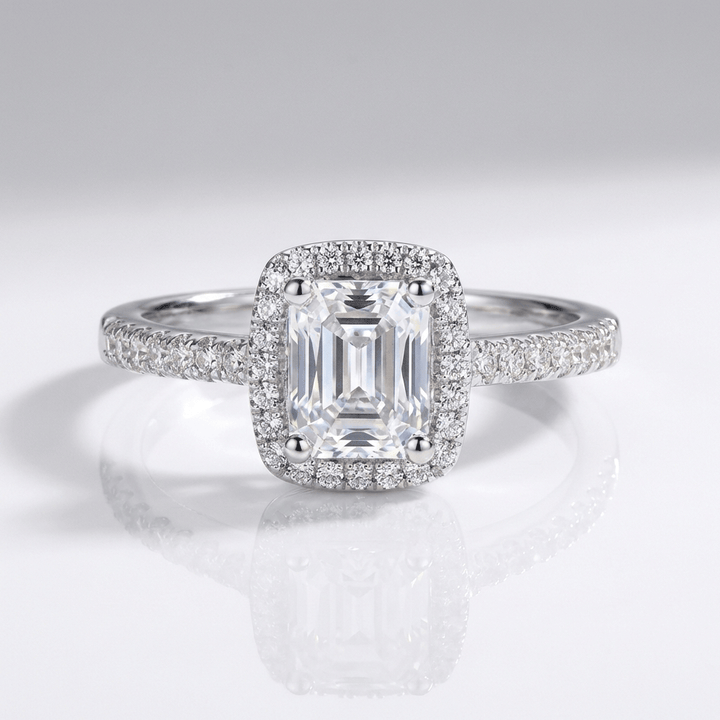 EMERALD CUT ZIRCONIA SILVER HALO RING