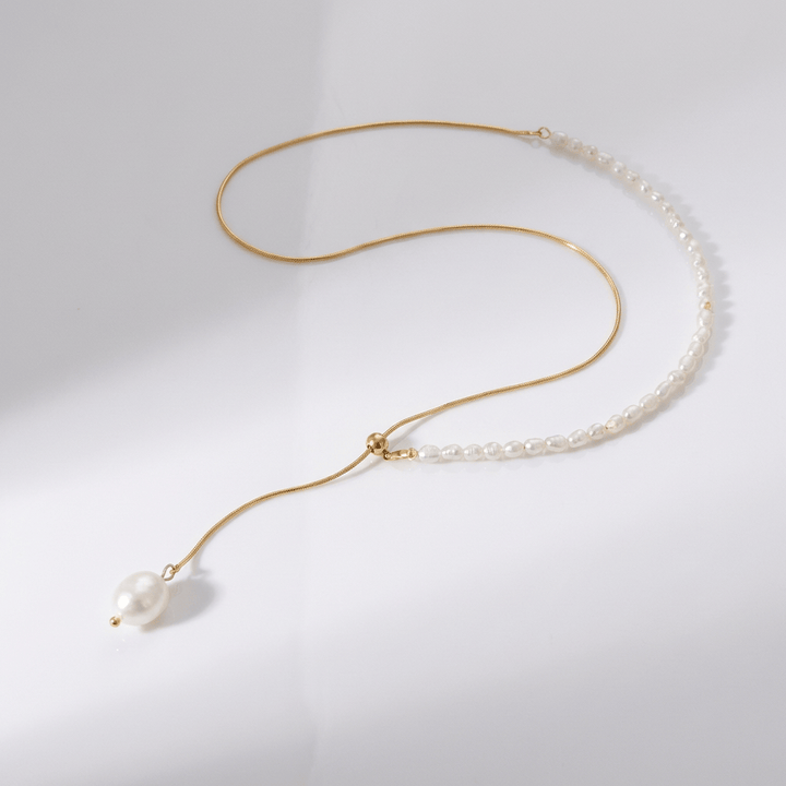 GOLD PEARL BEADED LARIAT NECKLACE