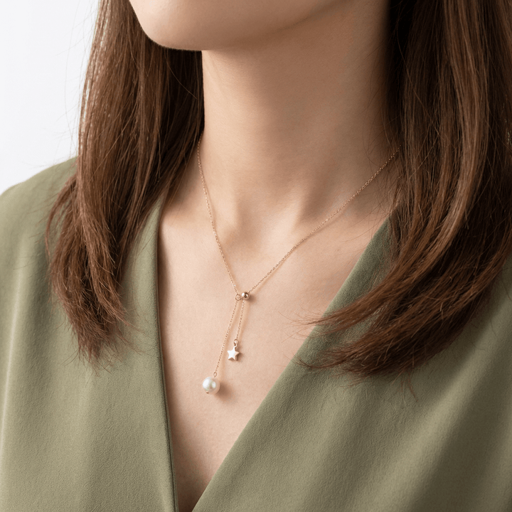 GOLD PEARL STAR LARIAT NECKLACE
