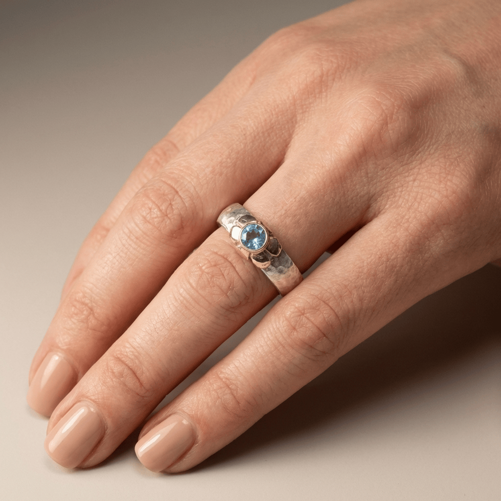 HANDMADE SILVER TWO TONE BLUE TOPAZ RING