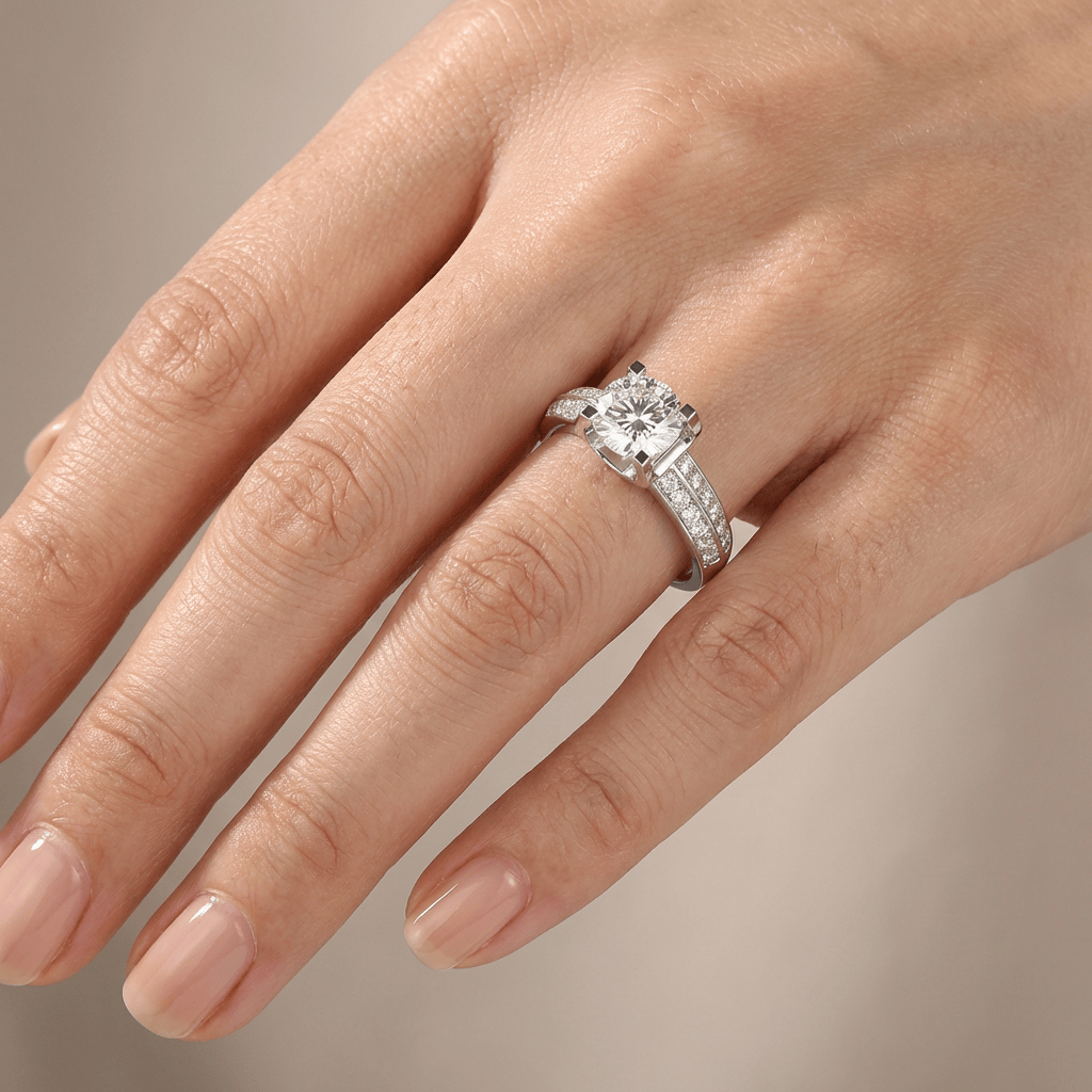 SILVER ROUND DIAMOND PAVE SOLITAIRE RING - (ADJUSTABLE)