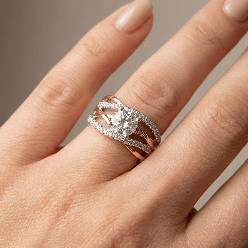 ROSE GOLD ROUND DIAMOND CROSSOVER RING